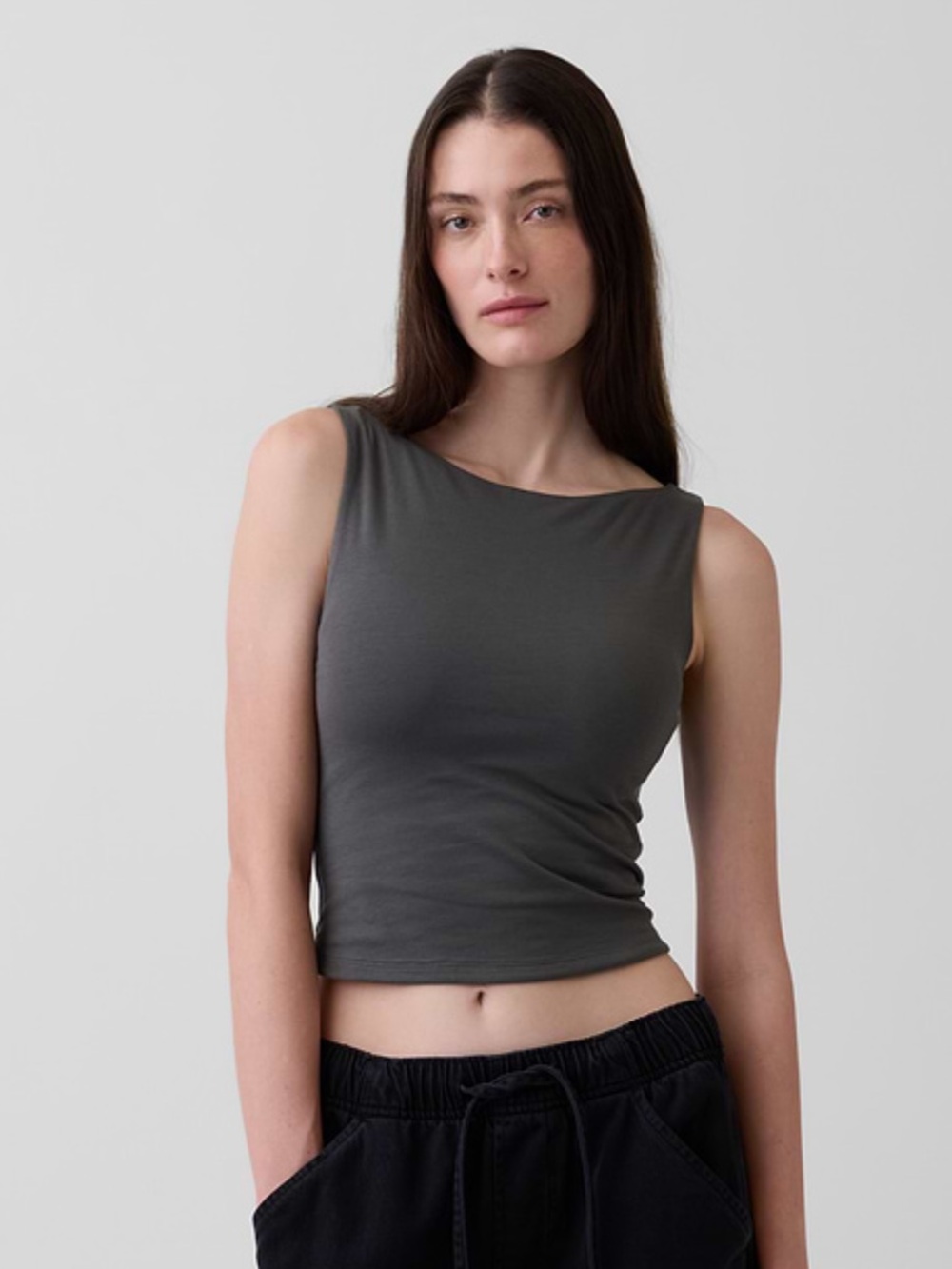 GAP Women's Sleeveless CloseKnit Boat Neck Cropped Tank Top Grey XS
